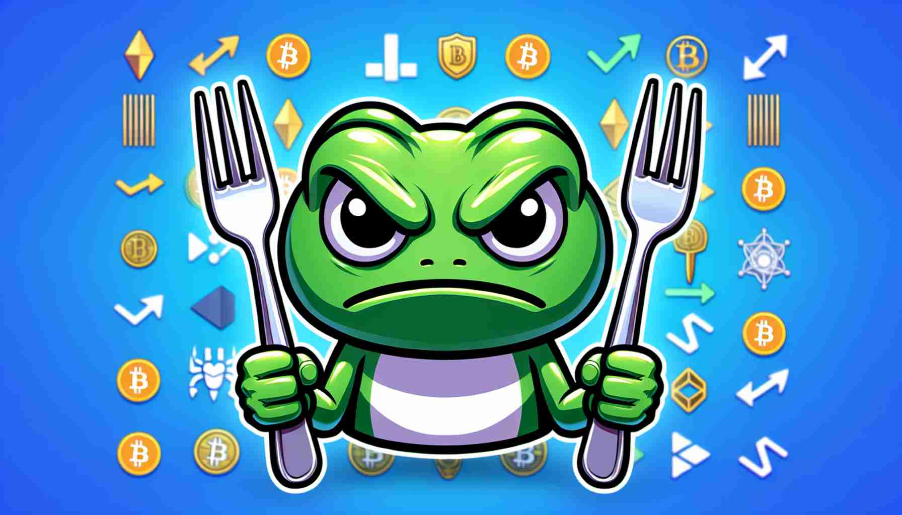 Generate a high-definition, realistic image of a green cartoon frog, showing an angry facial expression. The frog is holding a fork in a way that suggests it is ready for competition. In the background, there are symbols for various digital cryptocurrencies.