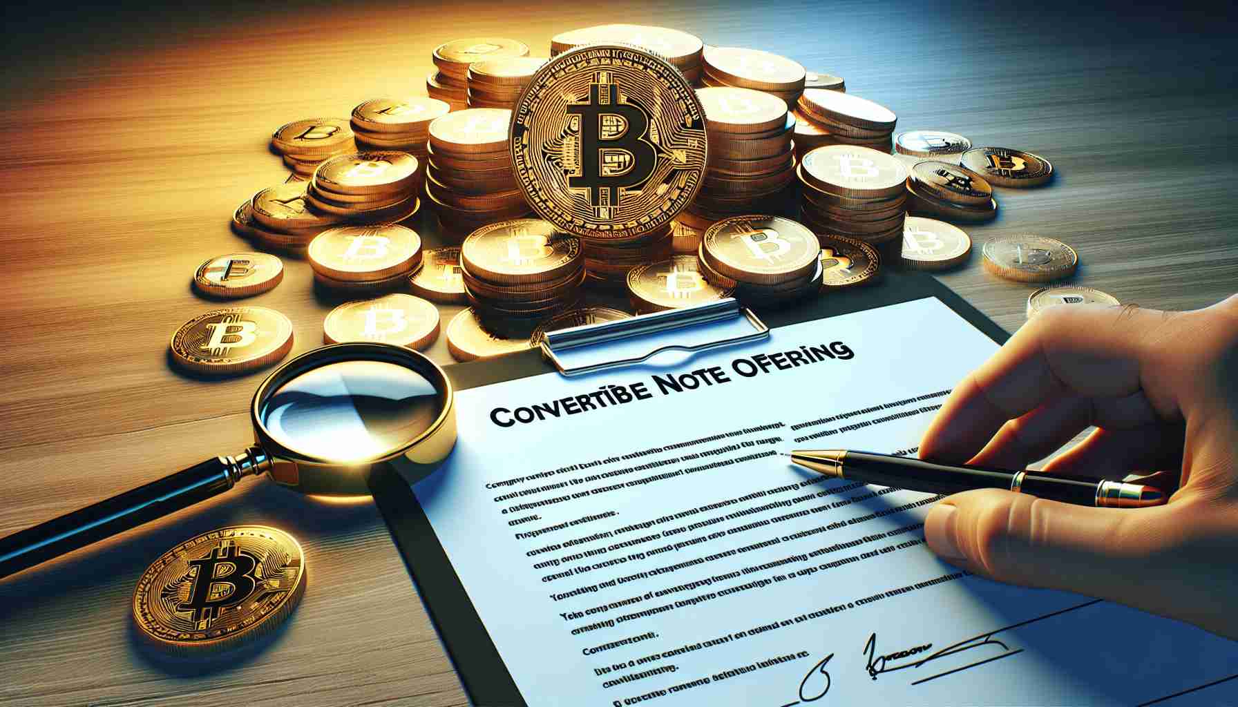 Generate a Realistic HD image of the concept of a company investing more in Bitcoin via increased convertible note offering. Visualize this with a pile of Bitcoin units in high definition at the center, a magnifying glass over it, and a contract paper with the title 'Convertible Note Offering' nearby. The company logo should be replaced with a generic company insignia.