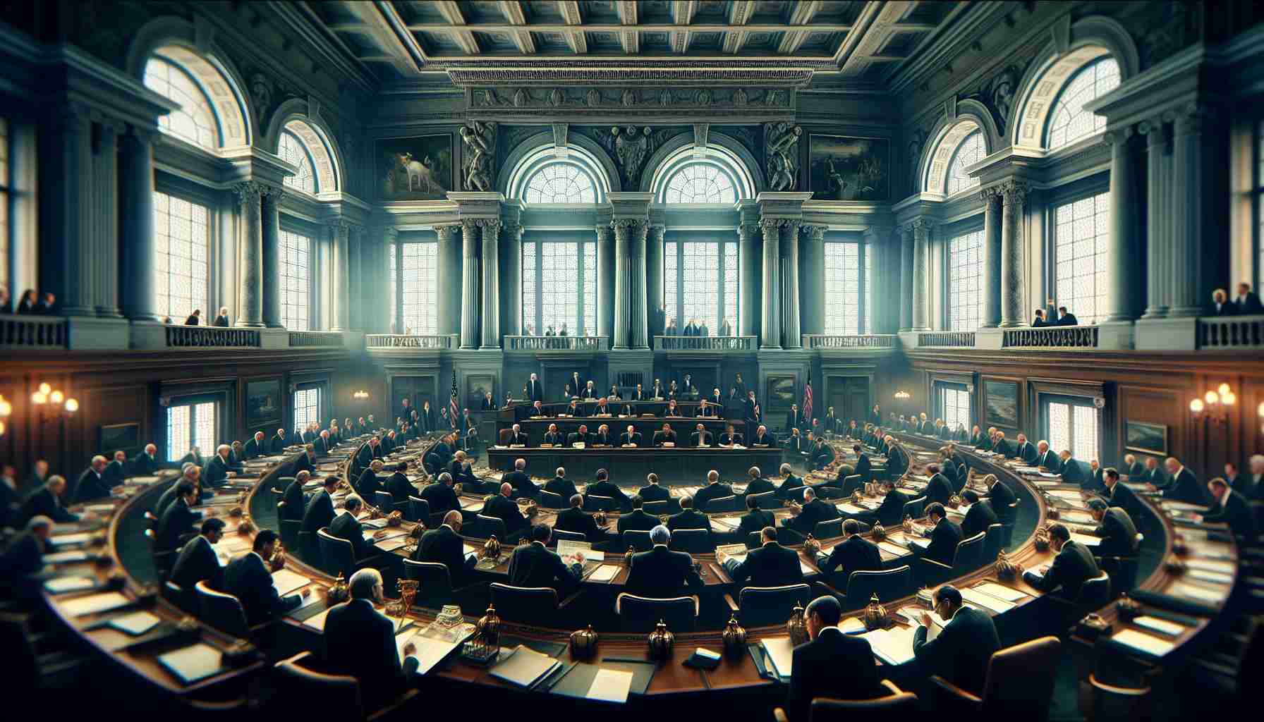 Generate a high-definition, realistic image representing a pivotal moment within the Federal Environmental Regulation institution. Picture a grand, historical building where crucial decisions are made that shape environmental policies. In the foreground, have a collection of unidentifiable individuals, some in suits, some reading reports, while others are in intense conversation. No identifiable faces or details. The atmosphere is solemn, underpinning the weight of these discussions on the course of environmental policy.