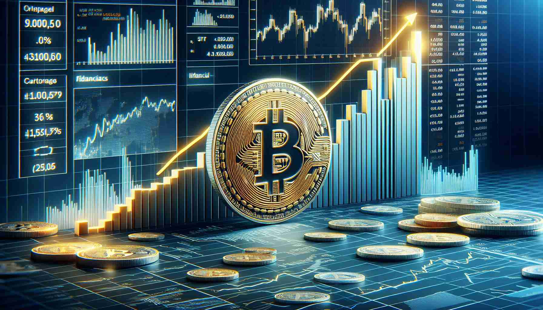 Generate a highly detailed and realistic rendering of a Bitcoin graph that showcases its market resilience. The graph should be rising steeply, indicating potential new price targets and suggesting optimism in the cryptocurrency market. Please also incorporate various financial elements such as relevant symbols and charts in the background.