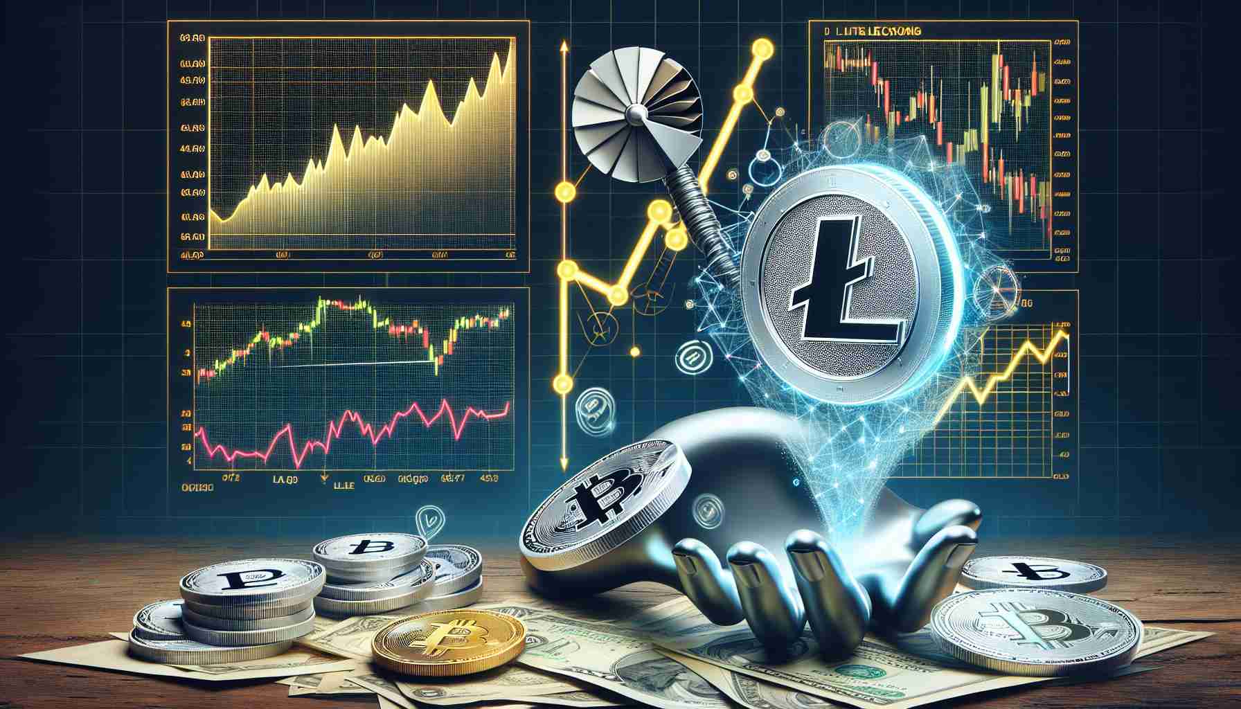 High-definition realistic visual representation of the valuation of Litecoin in a questionable state, juxtaposed with a modest correlation diagram with top cryptocurrencies.