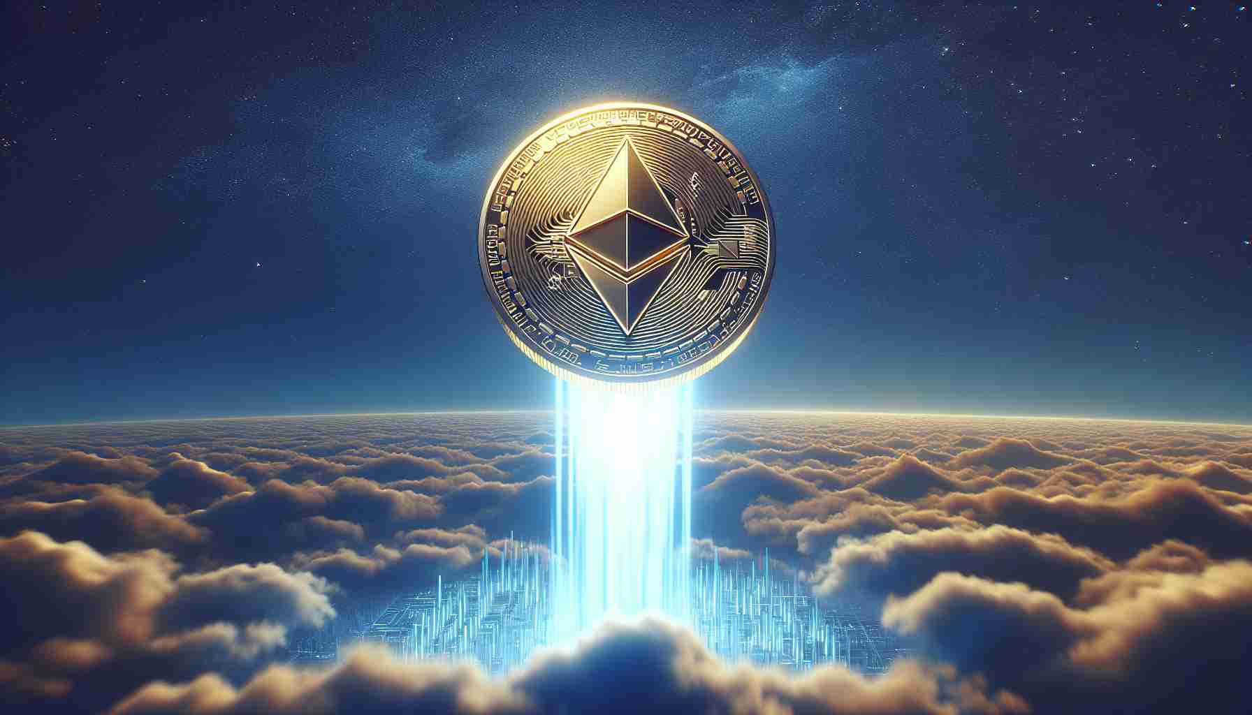 A high-resolution, hyper-realistic visual representation of the cryptocurrency Ethereum metaphorically soaring high against a sky backdrop, with the potential to reach a valuation of $154,000 as conceptualized by a financial market professional.