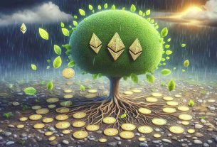 A detailed, high-definition image that visualizes the concept of Ethereum exhibiting robust health through increased transactions despite a price drop. The image could include elements like a strong, healthy tree with leaves made of Ethereum logos, indicating growth. The ground around the tree could be filled with faded Ethereum coins demonstrating the price drop. Constant rain could symbolize the continuous transaction activity. Please avoid showing specific numbers or percentages as these are subject to change.