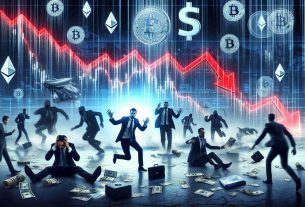 Create a high-definition, realistic image representing an overnight cryptocurrency market crash, conveyed through visual elements such as falling graphs, red down arrows, panicked digital traders, and a gloomy atmosphere. Additionally illustrate the effects of massive liquidations in the form of popular cryptocurrency symbols (like Bitcoin, Ethereum etc) melting or being washed away symbolically.