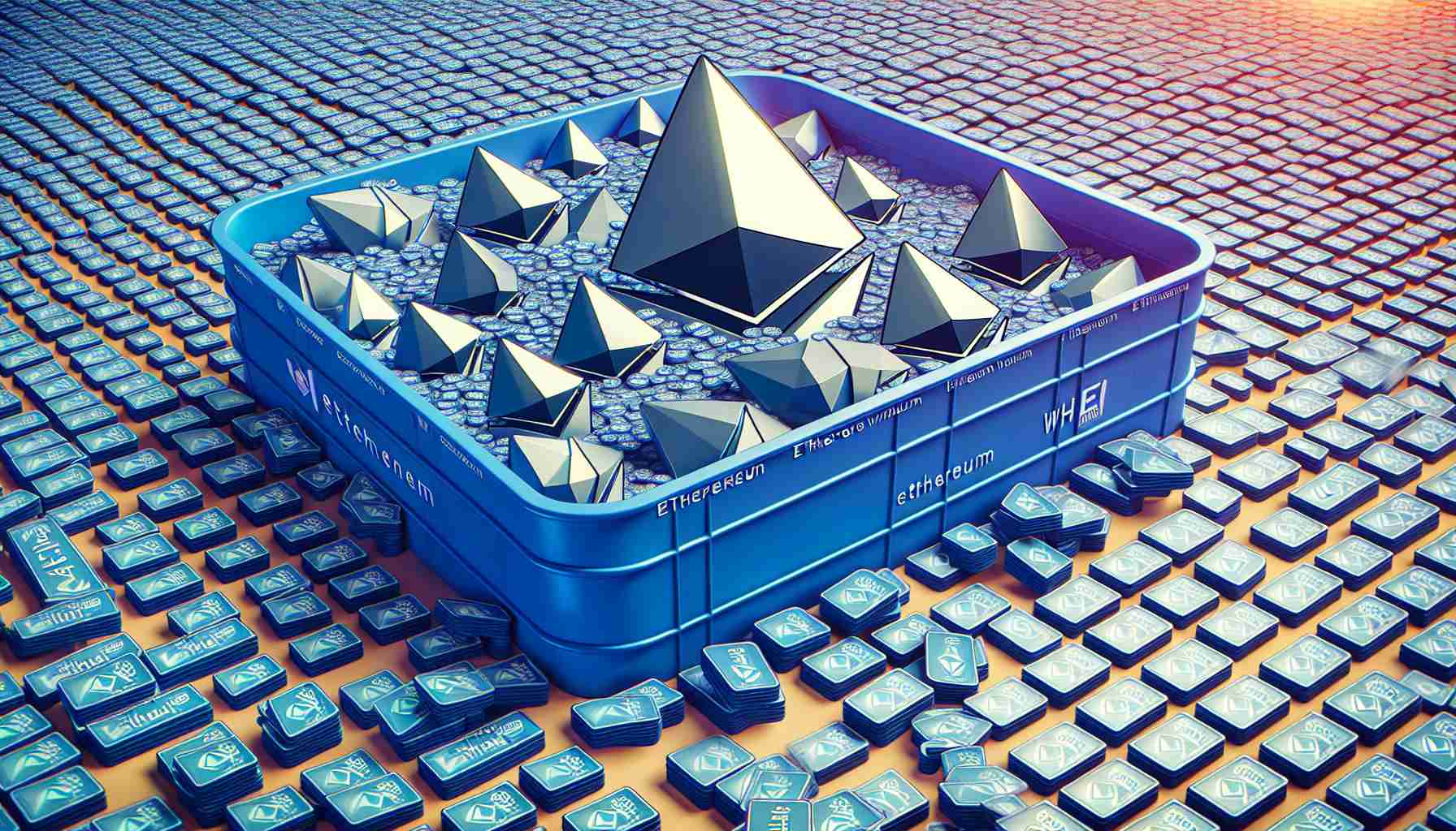 Illustrate an abstract concept representing major accumulation of Ethereum cryptocurrencies by imagined entities known as 'whales.' The concept is shown with multiple Ethereum logos gathering in a massive container, indicating a potential economic rebound. The image is to be rendered in a high-definition, realistic style.