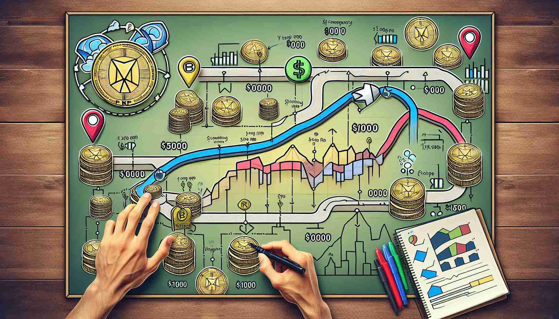 Create a detailed, high-definition illustration representing the journey of the cryptocurrency XRP towards the 1000 dollar mark. The image should vividly depict significant price milestones along the schematic roadmap, drawn enthusiastically by a cryptocurrency enthusiast. The roadmap should be engaging, with different markers to represent various price milestones, and the end goal should visually represent the $1000 mark.