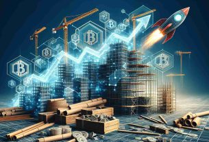 Create a high-definition, realistic representation of a metaphorical 'Blockchain Market' in the construction industry, signifying a booming growth. The image should depict symbolic items such as virtual blockchain links combined with construction elements like cranes, blueprints, or building frameworks. Some aspects of the image should suggest a skyrocketing upward trend, perhaps through the use of rocket imagery or ascending graphs.