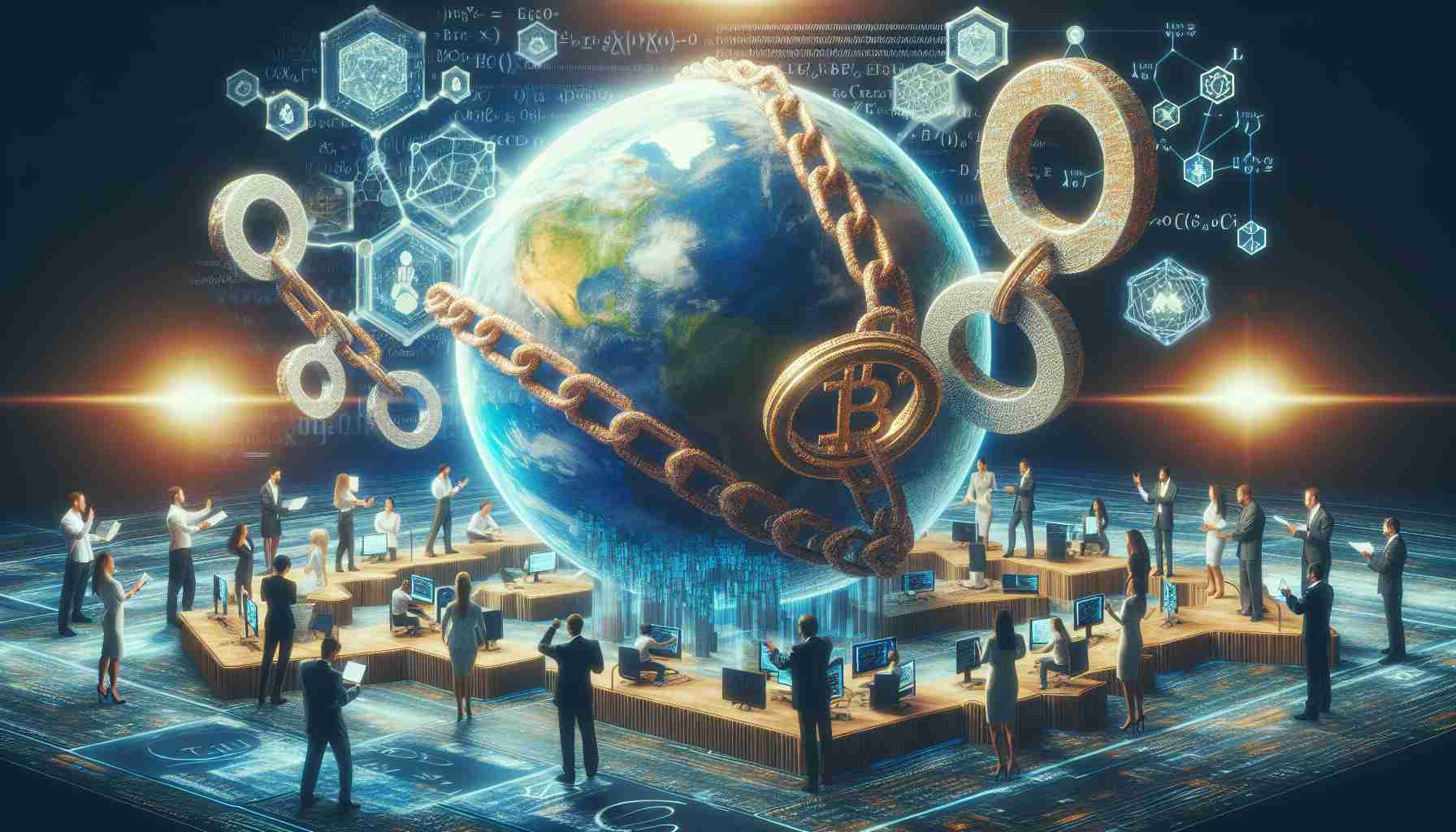 A realistic high-definition photo of a metaphorical representation of a global team partnering with another named 'Alchemy', to promote the development of a human-centered Blockchain technology. The scene may include diverse representatives of the global team and 'Alchemy', working together on large symbolic Blockchain links, placed on a table or floating in a digital space. In the image, the atmosphere can be filled with complex mathematical formulas and abstract digital symbols to echo the complex nature of Blockchain technology.