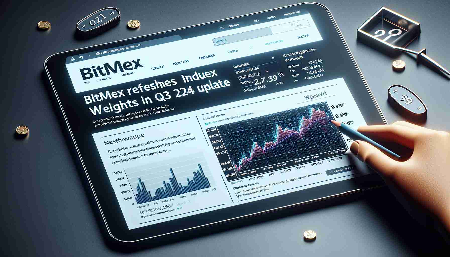 Detailed and lifelike image of a digital news article with a headline reading 'BitMEX Refreshes Index Weights in Q3 2024 Update'. The article features a high-definition chart reflecting the updated index weights. To provide more context, there could also be financial graphs, cryptocurrency-related terminology and symbols, and a simplified, minimalist website layout with modern fonts.