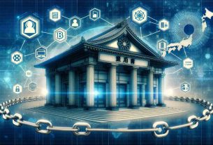 A detailed, realistic and high-definition representation of an abstract concept: Major banks in Japan introducing a digital ID system based on blockchain technology. This could include an abstract, symbolic depiction of a traditional Japanese bank exterior combined with digital graphics representing blockchain and digital ID factors such as icons for digital identification, blockchain chain links, technology interfaces, data protection symbols, and possibly the shape of Japan's geography.