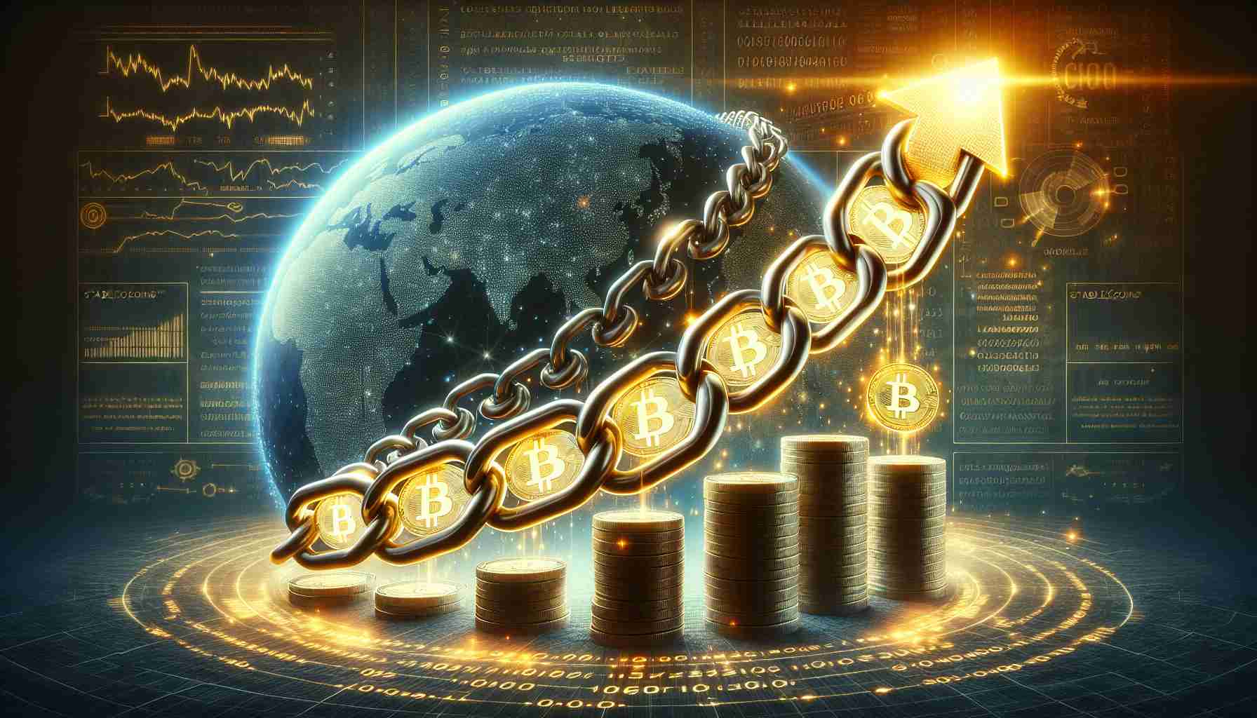 Create a realistic high-definition image allegorically symbolising the rise of blockchain technology and stablecoins. Show a large, robust chain, each link glowing with a radiant digital shine, climbing skywards, representing blockchain. Further, illustrate traditional coins gradually morphing into shining, stable digital coins, symbolising stablecoins. This evolution is happening on a turning globe, which represents the global finance network. Cryptic scripts and codes, representing the complex algorithms of cryptocurrencies, are visible in the background. Make sure these symbols comprehensively represent the revolution in global trade finance instigated by blockchain and stablecoins.