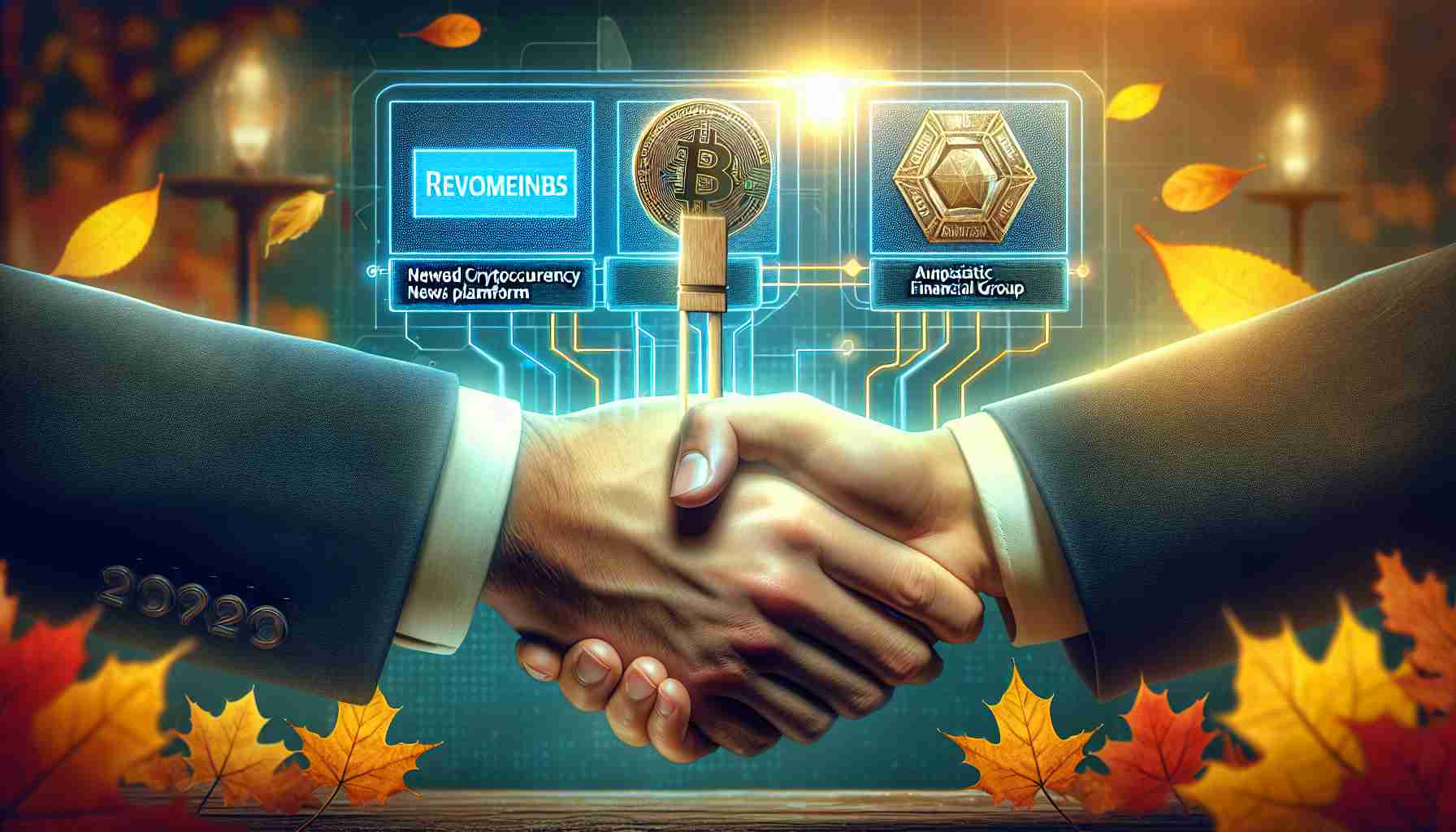 Realistic high-definition image showing a metaphorical representation of a renowned cryptocurrency news platform collaborating with an optimistic financial group in November 2023. The scene might depict two hands shaking, one labelled with the logo of a news platform associated with digital currency and the other labelled with an emblem symbolizing an upbeat financial entity. Autumnal elements subtly hinting at the month of November.