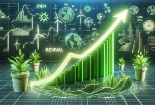 High-resolution realistic image of an upward trend chart indicating revival in Iren shares, primarily led by advances in green energy. The chart features a steep, rising line in vibrant green, symbolizing the growth of Iren shares. In the background, there are symbols or illustrations metaphorically representing green energy, such as wind turbines, solar panels, and lush green plants. The overall tone of the image embodies an optimistic financial setting.