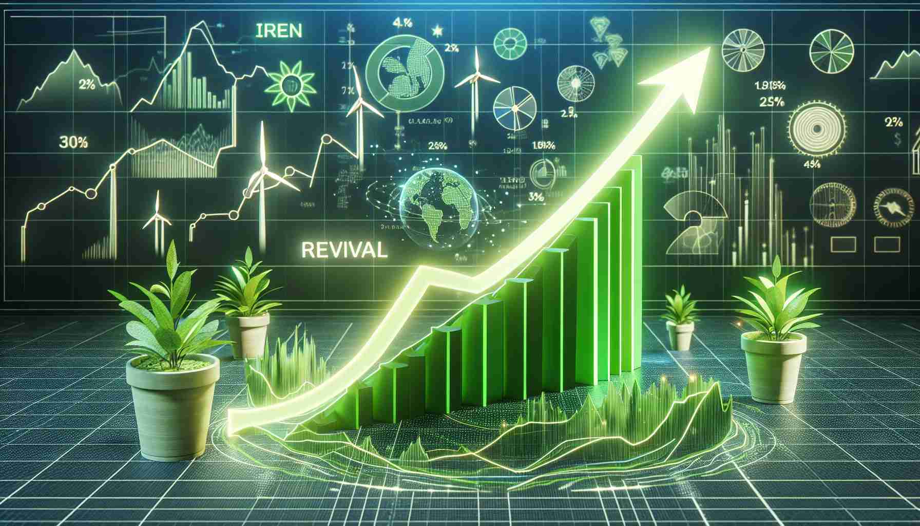 High-resolution realistic image of an upward trend chart indicating revival in Iren shares, primarily led by advances in green energy. The chart features a steep, rising line in vibrant green, symbolizing the growth of Iren shares. In the background, there are symbols or illustrations metaphorically representing green energy, such as wind turbines, solar panels, and lush green plants. The overall tone of the image embodies an optimistic financial setting.