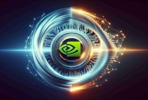 A hyper-realistic, high-definition rendering of a conceptual design illustrating the synergy between Artificial Intelligence and Blockchain technology, embodied by the logo or emblem symbolic of Nvidia. It could be seen as light signals, interpretative of 'momentum', emanating or swirling around the logo, suggesting vigorous movement and high potential. Please ensure all elements are composed harmoniously, preserving a sense of balance and professional aesthetic.