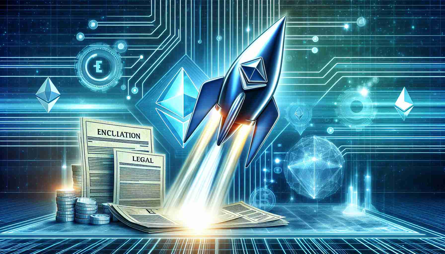 Generate a high-definition, realistic image representing the concept of 'Bitwise Propels Forward with Updated Ethereum ETF Filing'. The picture can include visual representations of motion and advancement, such as an arrow pointing forwards or a rocket launching, fused subtly with symbols of Ethereum (e.g., its diamond-shaped logo) and legal documentation (e.g., a formal document or filing cabinet). Consider using a backdrop of a futuristic, digital landscape to imply the technological nature.