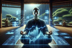 Realistic high-definition image illustrating the concept of navigating cryptocurrency volatility with a Zen mindset. The image should showcase a calm serene individual deeply engrossed in meditation in a serene environment. With eyes closed, they are focused on a holographic interface that displays various cryptocurrency graphs and charts fluctuating wildly to demonstrate volatility. Despite this chaos, their expression remains peaceful, reflecting the Zen mindset. In the background, there could be a peaceful garden to further emphasize the zen atmosphere. The visual representation is metaphorical and emphasizes the balance of the Zen approach amidst the turbulent world of cryptocurrencies.