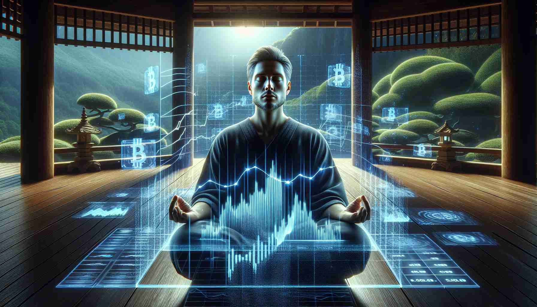 Realistic high-definition image illustrating the concept of navigating cryptocurrency volatility with a Zen mindset. The image should showcase a calm serene individual deeply engrossed in meditation in a serene environment. With eyes closed, they are focused on a holographic interface that displays various cryptocurrency graphs and charts fluctuating wildly to demonstrate volatility. Despite this chaos, their expression remains peaceful, reflecting the Zen mindset. In the background, there could be a peaceful garden to further emphasize the zen atmosphere. The visual representation is metaphorical and emphasizes the balance of the Zen approach amidst the turbulent world of cryptocurrencies.