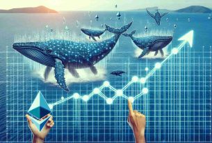 Create a high-definition, realistic image representing the concept of Ethereum's whales and network growth signaling potential growth. The image could consist of gigantic whales swimming in a symbolic digital sea, with a network-style grid overlay. This grid could show an increasing trend, symbolizing growth in the Ethereum network.