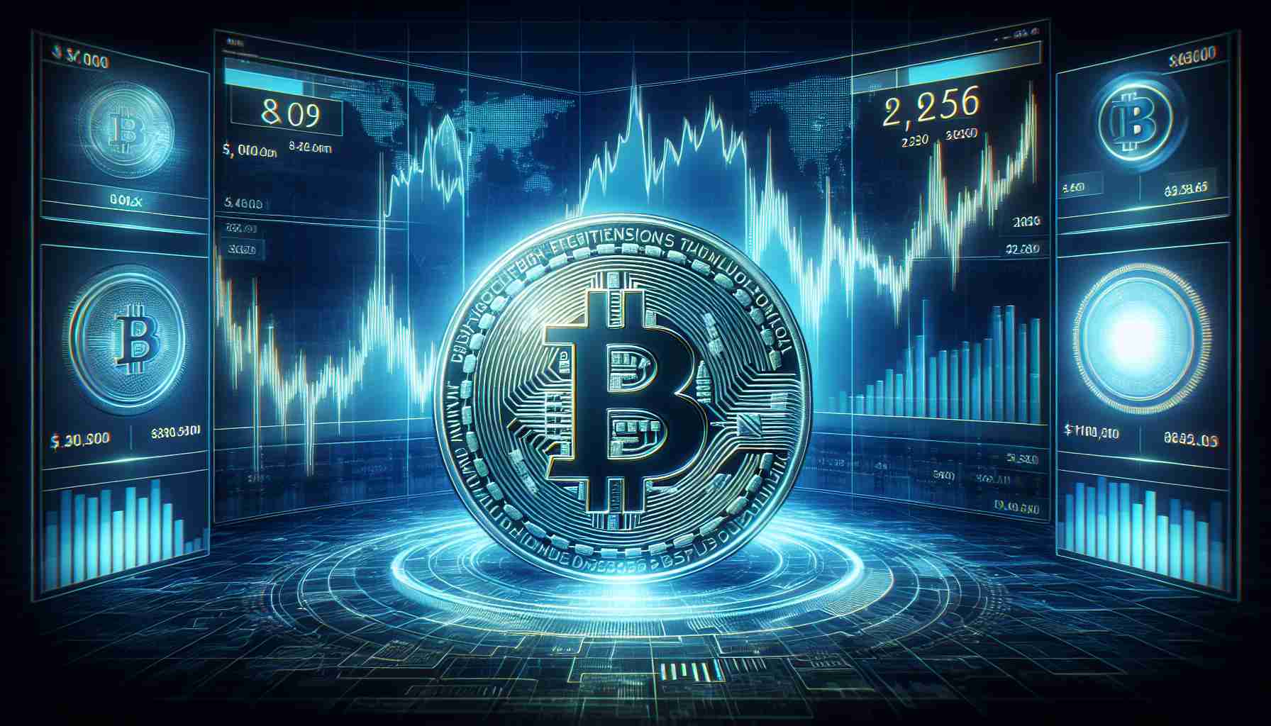 Generate a hyper-realistic high definition concept image of a physical representation of a Bitcoin, set against a backdrop of a captivating and impactful price chart display. The chart should indicate a remarkable price movement forecasted for the year 2025. Use creative elements to evoke a sense of anticipation and financial progression.