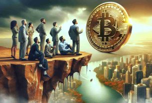 Create a high-definition realistic image representing the concept 'Bitcoin Faces Crucial Test as Support Levels Are Put to the Test'. The scene can feature a large, shiny golden bitcoin symbol teetering precariously on the edge of a cliff or high platform, signifying high stakes and uncertainty. In the background, a diverse group of men and women, of different descent such as Hispanic, Middle-Eastern, Caucasian and Black, watch this scene unfold with varying expressions of concern, anticipation and hope. Perhaps add a dramatic skyline or environment suggesting tumultuous market conditions.