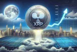 A realistic HD visual representation of a landmark achievement in the XRP Ledger's liquidity. The image should depict a giant, shining silver coin with the XRP logo on it, shooting up through a sky filled with clouds, signifying the sudden increase in liquidity. In the foreground, a detailed analog chart with a rising line illustrates the financial growth. It should be set against a backdrop of a bustling city landscape to embody the rapid urbanization and progress in fintech.