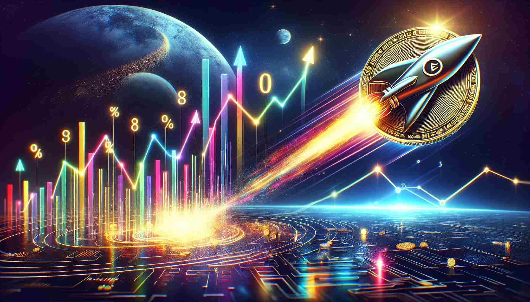 Generate a high-definition, realistic image representing the abstract concept of a cryptocurrency, symbolized by a shining coin etched with the Convex Finance logo, experiencing a dramatic 90% surge. This could be visually represented by a rocket shooting towards the night sky, leaving a trail of rainbow-colored numbers indicating percentages, or by a graph with sharply upward-trending lines. The overwhelming positivity of the event envelops the scene, with dynamic colors and light reflecting the excitement of the moment.