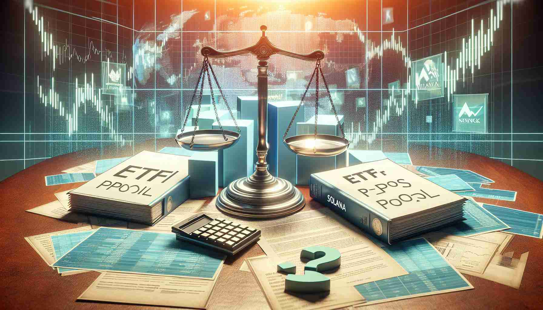 A high-definition, realistic image portraying the concept of the proposed Solana-based ETF by VanEck, amidst a backdrop of regulatory uncertainty. The key elements may include documents marked 'ETF Proposal', the Solana logo, and perhaps some visual symbols of regulations and uncertainty such as a balance scale and a question mark.