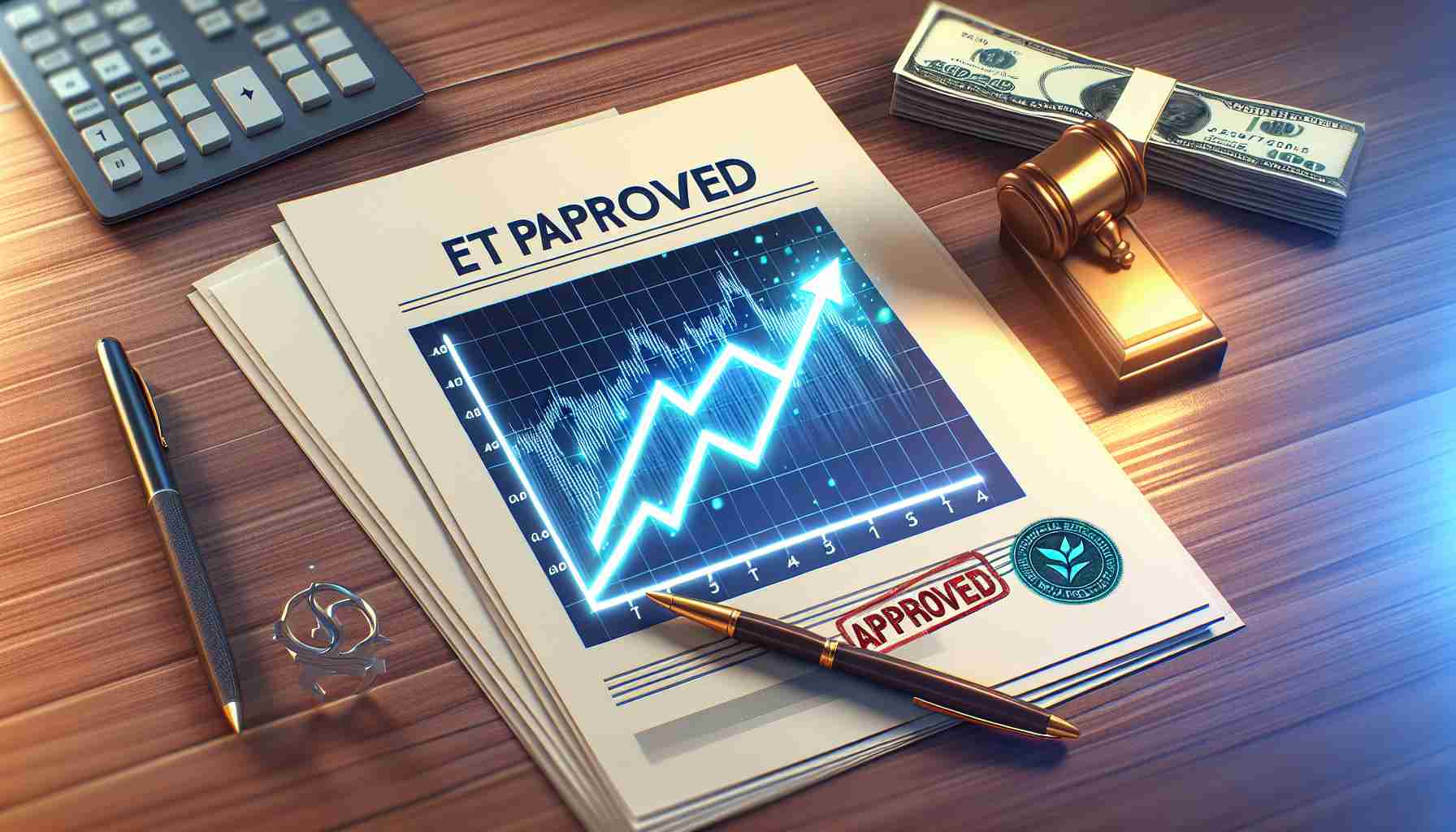 Create a high-definition, realistic image representing the potential approval of an ETF which could catalyze a market breakthrough for the Solana cryptocurrency. This may be symbolized as a graph on the rise, indicating a positive price movement, or a document stamped with 'approved', with the Solana logo in the background.