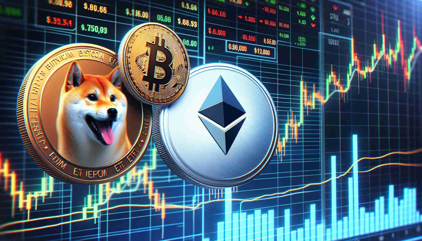 Generate a hyper-realistic, high-definition image showing visually tangible representations of Bitcoin and Ethereum ETFs, alongside an emblem or symbol for Shiba Inu, set against the backdrop of a dynamic stock market chart. The chart should be illustrating sharp movements, ideally inclining upward, signifying positive momentum in the crypto market.