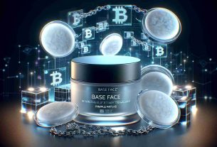 An high-definition realistic image showcasing the innovative concept of integrating Blockchain technology within skincare products. Picture this: BASE FACE Pimple Patches, a cutting-edge invention for skin care, designed for acne solution. The graphic design should display the product prominently with visible brand name 'BASE FACE'. The pimple patches are round, translucent with a matte finish, packaged in a stylish, sleek container. Add some digital flair symbolizing Blockchain technology, perhaps with chains or blocks, to demonstrate the unique selling proposition of these patches. The overall ambiance should evoke both the worlds of beauty care and advanced technology.