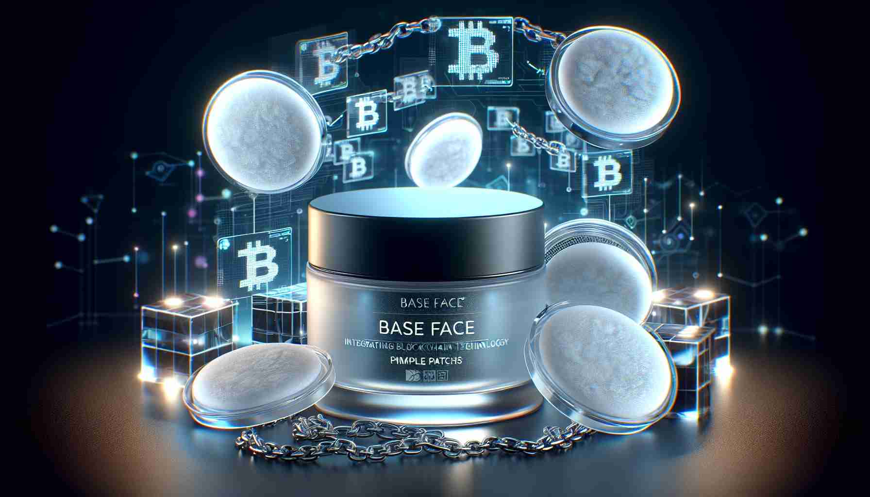 An high-definition realistic image showcasing the innovative concept of integrating Blockchain technology within skincare products. Picture this: BASE FACE Pimple Patches, a cutting-edge invention for skin care, designed for acne solution. The graphic design should display the product prominently with visible brand name 'BASE FACE'. The pimple patches are round, translucent with a matte finish, packaged in a stylish, sleek container. Add some digital flair symbolizing Blockchain technology, perhaps with chains or blocks, to demonstrate the unique selling proposition of these patches. The overall ambiance should evoke both the worlds of beauty care and advanced technology.