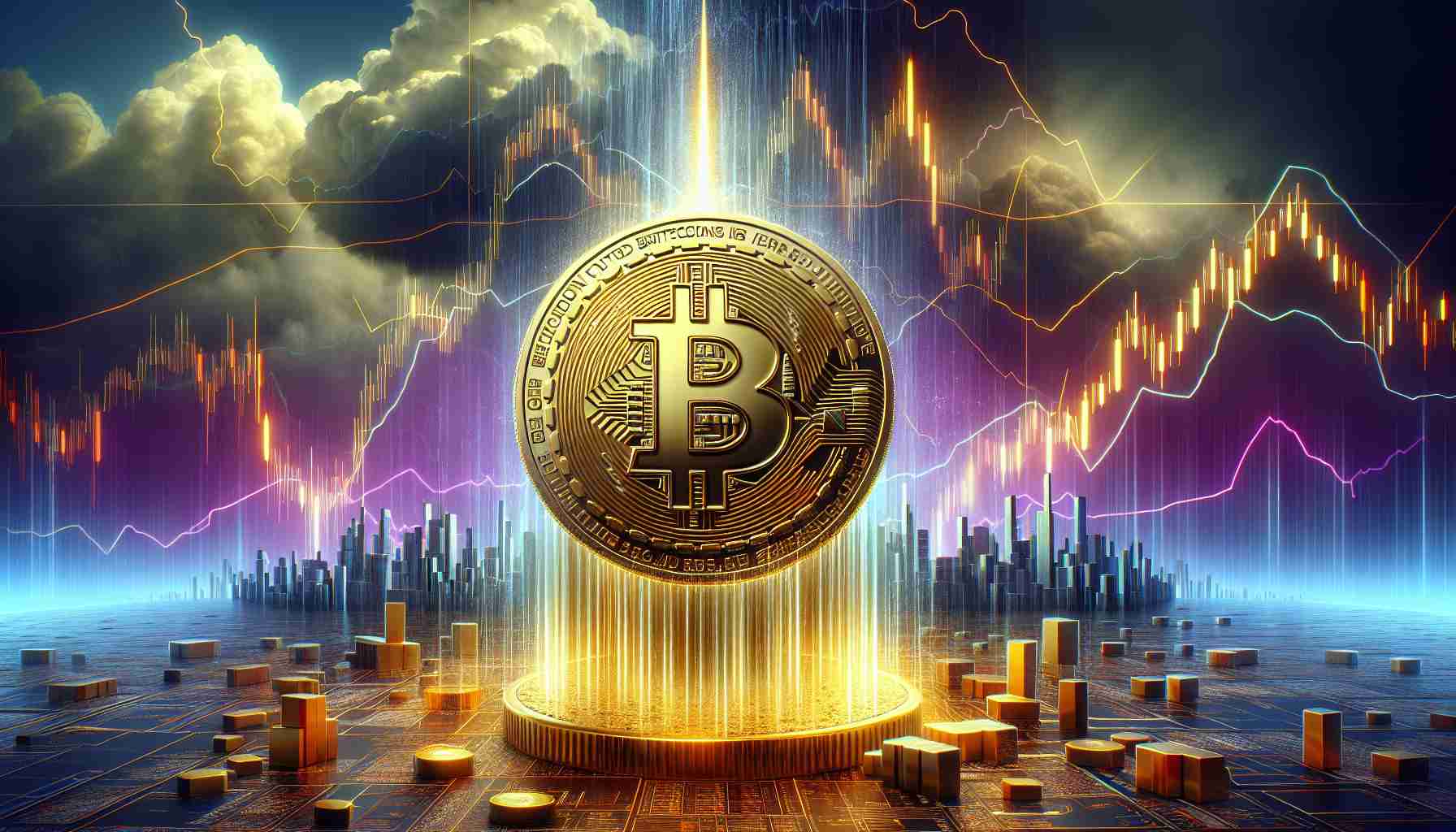 Generate a realistic high definition image illustrating the concept of Bitcoin's resilience amid economic data release. This could involve a strong, shining coin with Bitcoin's symbol, standing tall and unscathed amidst a storm of falling graphs and data points representing economic data. Let's add some contrast to the background. The forefront should be brightly lit, emphasizing the Bitcoin coin, while the plummeting graphs and data are in various revealing shades of darker colors.