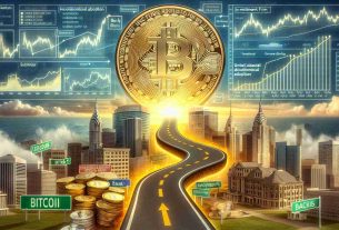 Create a detailed image representing the trajectory of Bitcoin towards the value of $1 million, metaphorically depicted as a golden path stretching to the horizon into the future. Include elements symbolizing the institutional adoption such as buildings labeled with signboards such as 'Bank', 'Investment Firms', 'Government Bodies'. The sky above is filled with complex graphs and charts signifying the fluctuations & predictions of Bitcoin's value. The overall image should be of high resolution and realistic in nature.