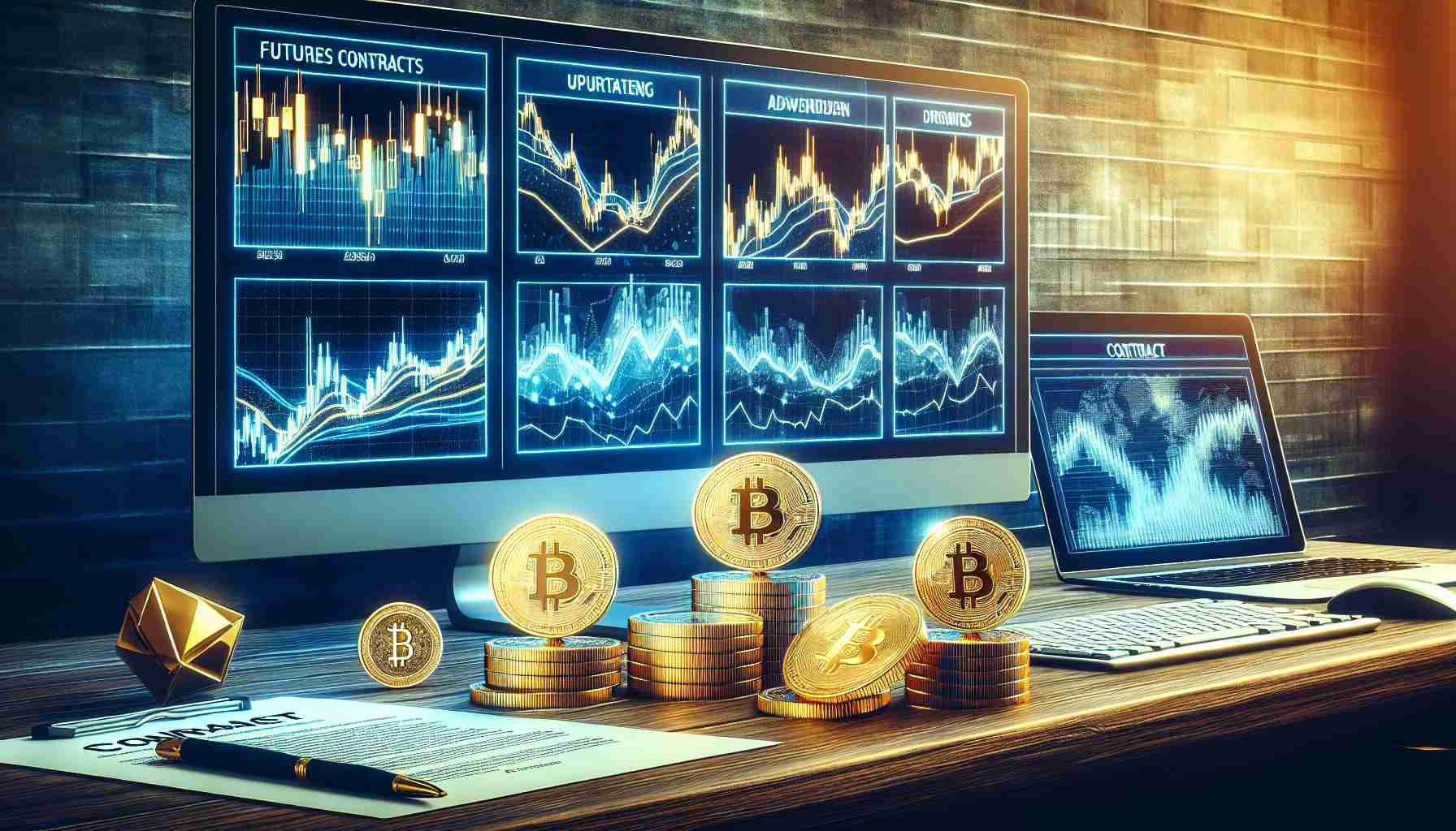 Generate a realistic HD graphic image illustrating five new futures contracts for cryptocurrencies being offered by a fictitious, abstract derivative exchange company. The image could consist of computer screens showing dynamic financial charts with upward and downward trends, golden coins with engraved symbols representing the crypto assets, and contract papers with fine prints. The environment should evoke a professional finance setting.