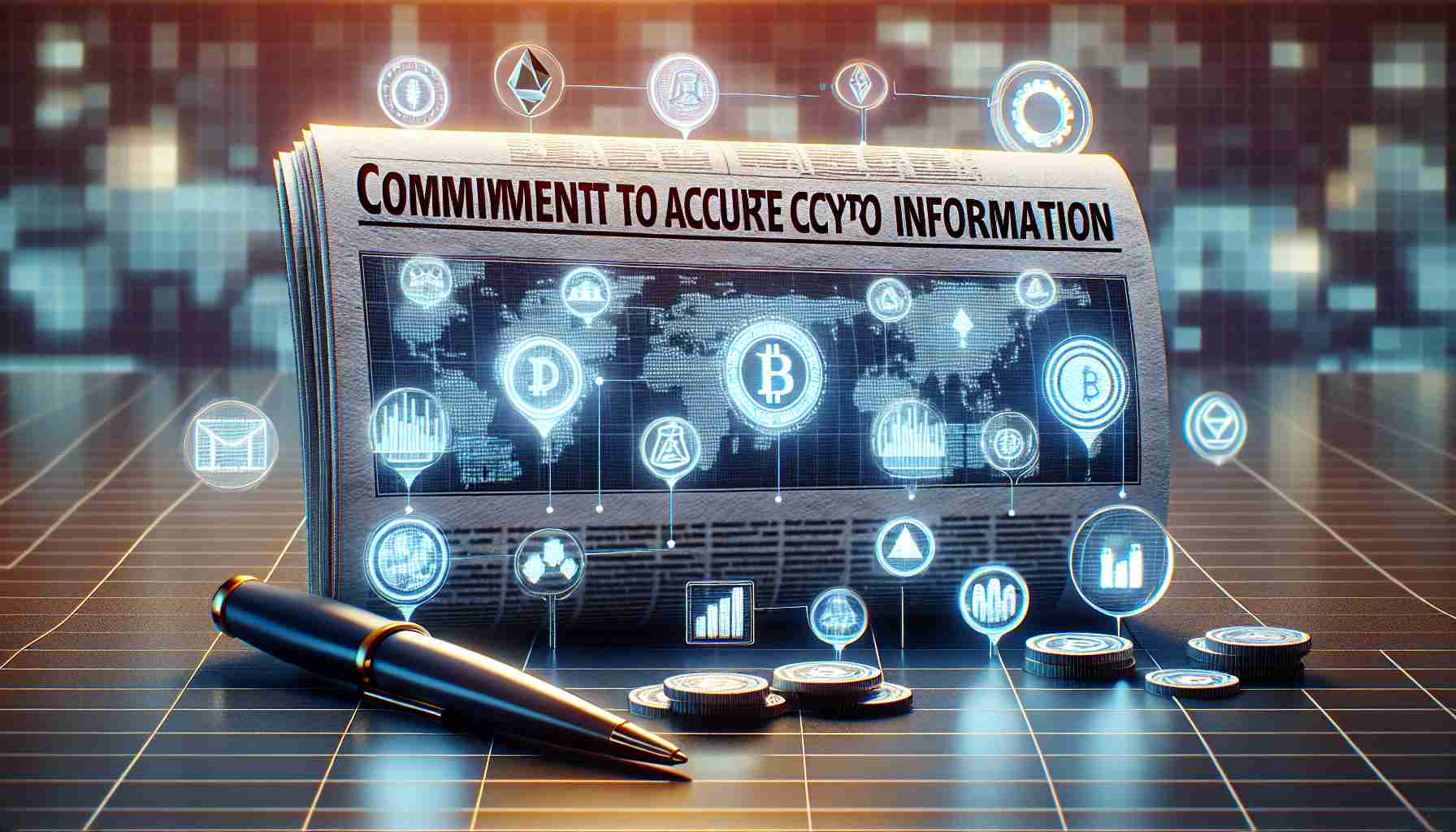 Visualization of the concept of commitment to accurate crypto information. Focus on a high-definition realistic image that symbolically represents this idea. It could be a 3D-rendered version of a newspaper or digital screen loaded with crypto charts, graphs, and verified icons symbolizing the conformation of accuracy. Also, incorporate a background metaphorically suggesting the decentralization theme.