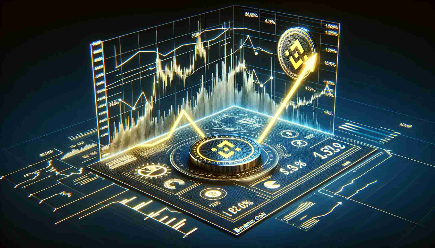 A high-definition, realistic image showing the dynamics of Binance Coin. This should include a visual representation of its recent performance like a detailed line graph or bar chart with ups and downs, figures and percentages. Also, illustrate a trajectory path with an upward arrow to signify its possible future growth. Please add a title at the top stating 'The Dynamics of Binance Coin: Analyzing Its Recent Performance and Future Trajectory'.