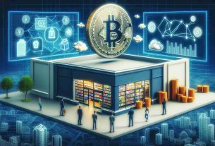 An illustrative concept showing a realistic high-definition image of a retail game store contemplating a strategy for incorporating digital currency, represented by a large symbol of Bitcoin.