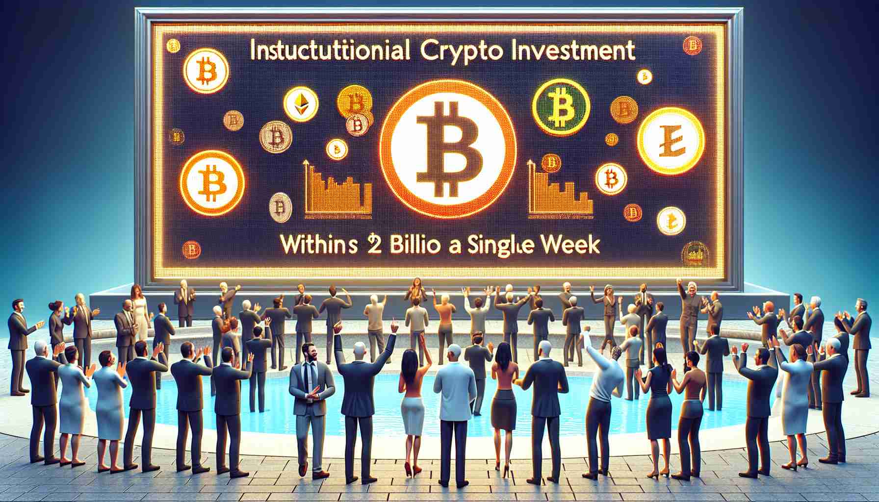 Create a highly detailed and realistic image representing institutional crypto investment hitting $2 billion within a single week. The scene should display a large number (2 billion) on a digital billboard or screen, coupled with cryptocurrency logos such as of Bitcoin, Ethereum, and Litecoin. Include people of different descents and genders - a White male, a Middle-Eastern female, and a Hispanic male - celebrating this milestone. The tone of the image should be positive and upbeat, reflecting the excitement in the crypto community.