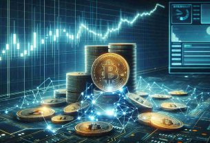 Generate a high-definition realistic representation of artificial intelligence designed cryptocurrency coins tumbling down, while a line-graph on a digital screen in the background shows a surge, indicative of rising investor interest.