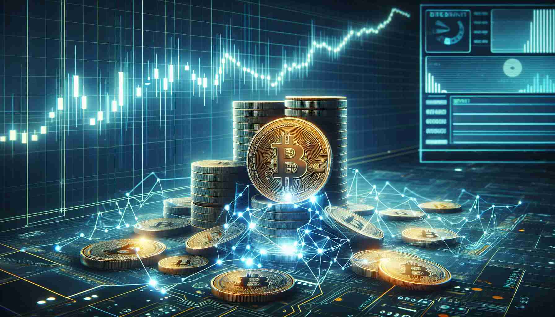 Generate a high-definition realistic representation of artificial intelligence designed cryptocurrency coins tumbling down, while a line-graph on a digital screen in the background shows a surge, indicative of rising investor interest.