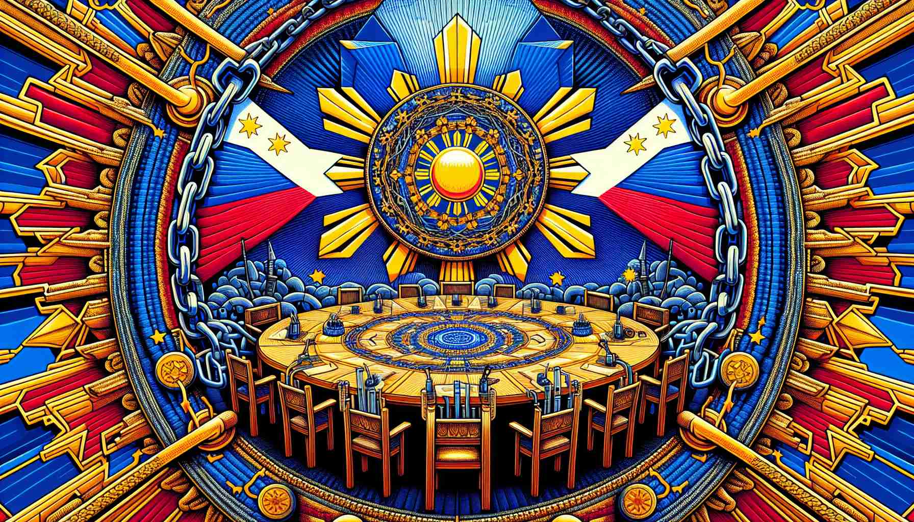 An intricately detailed high definition image displaying a symbolic representation of the progression of the Philippines Blockchain Council. The image includes chains interlinked to represent blockchain technology, a rising sun indicating advancements, and a round table suggests their advisory board, with multiple vacant chairs symbolizing new potential partnerships. The color scheme should consist of prominent royal blue, red, and yellow hues, symbolizing the flag of the Philippines.