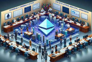 Visual representation of the process where Ethereum ETF issuers are diligently working towards obtaining regulatory approval. There is a large Ethereum logo prominently featured in the center of the image, and on the perimeter, there are scenes of people of different descents and genders, who are ETF issuers, collaborating and communicating with regulatory officials. This cooperation is showing the intricacies of the approval process. Wonderfully assorted documents, charts, and legal paperwork scatter across a massive conference table, symbolising the process' complexity. The atmosphere is serious and focused. The image is rendered in realistic High Definition.