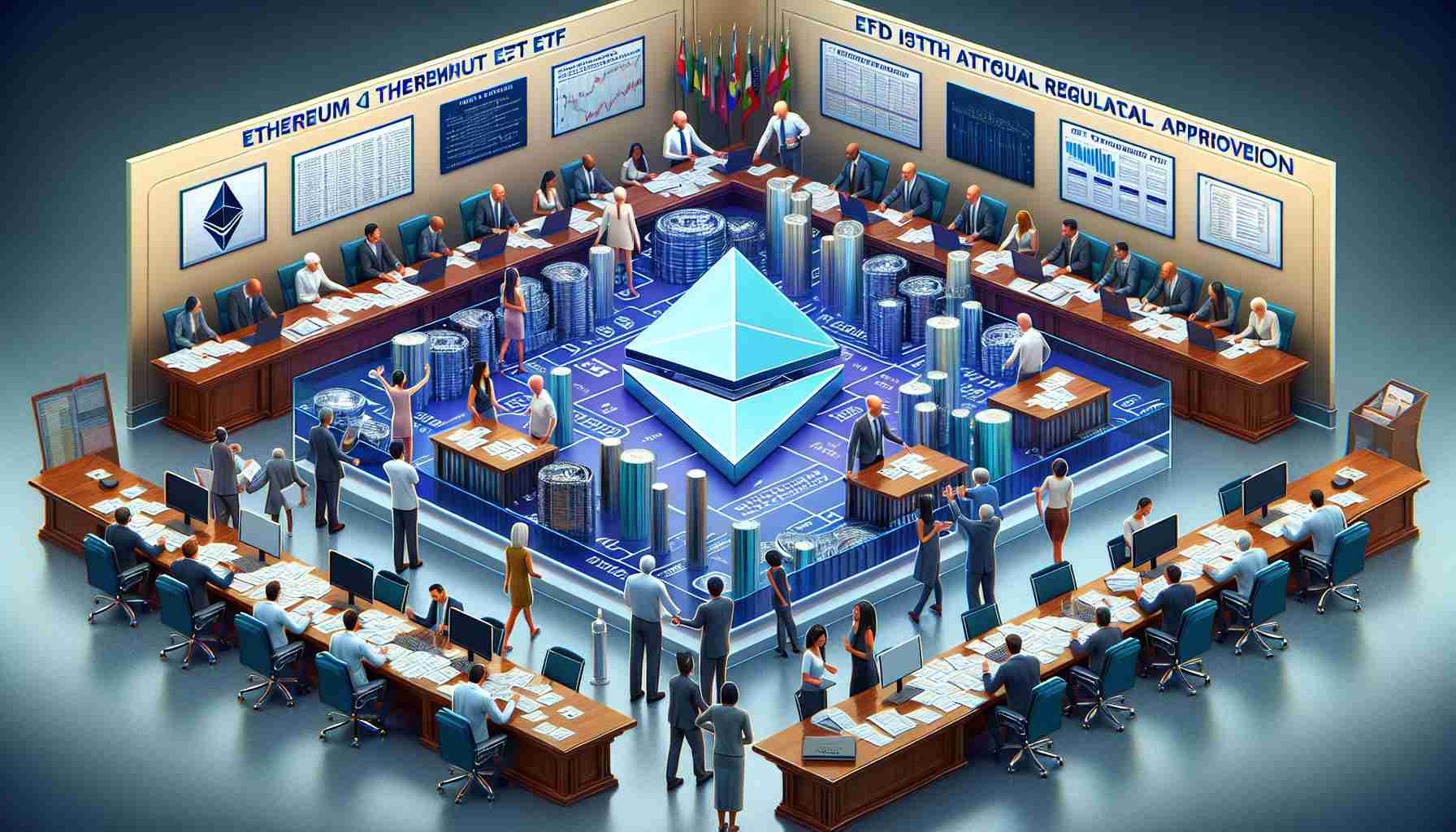 Visual representation of the process where Ethereum ETF issuers are diligently working towards obtaining regulatory approval. There is a large Ethereum logo prominently featured in the center of the image, and on the perimeter, there are scenes of people of different descents and genders, who are ETF issuers, collaborating and communicating with regulatory officials. This cooperation is showing the intricacies of the approval process. Wonderfully assorted documents, charts, and legal paperwork scatter across a massive conference table, symbolising the process' complexity. The atmosphere is serious and focused. The image is rendered in realistic High Definition.