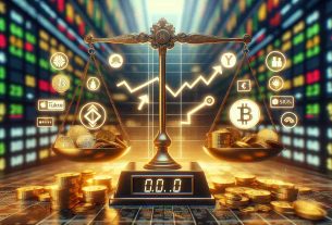 Generate a high-definition, photorealistic image that depicts the shifting investor focus from cryptocurrencies to tech stocks. Show a symbolic representation of this shift with a balance scale. On one side, place symbols representing cryptocurrencies such as golden coins with a Bitcoin logo. On the other side, show symbols for tech stocks like a graph trending upwards and logos of some imaginary tech companies. The scale tips towards the tech stocks side, signifying a movement in that direction. The background can be a stock market or trading floor ambiance.