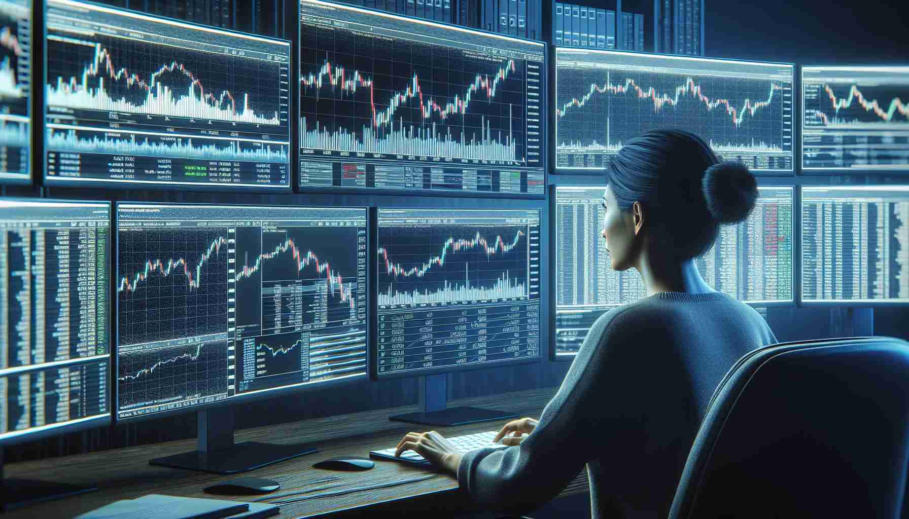 High-resolution, realistic image of a seasoned trader, who is of South Asian descent and female, sitting in front of multiple computer screens. The screens depict various financial charts and graphs tracking the market trends of the cryptocurrency Bitcoin. The trader is deeply engaged in analyzing the data, hoping to decipher the market moves of Bitcoin.