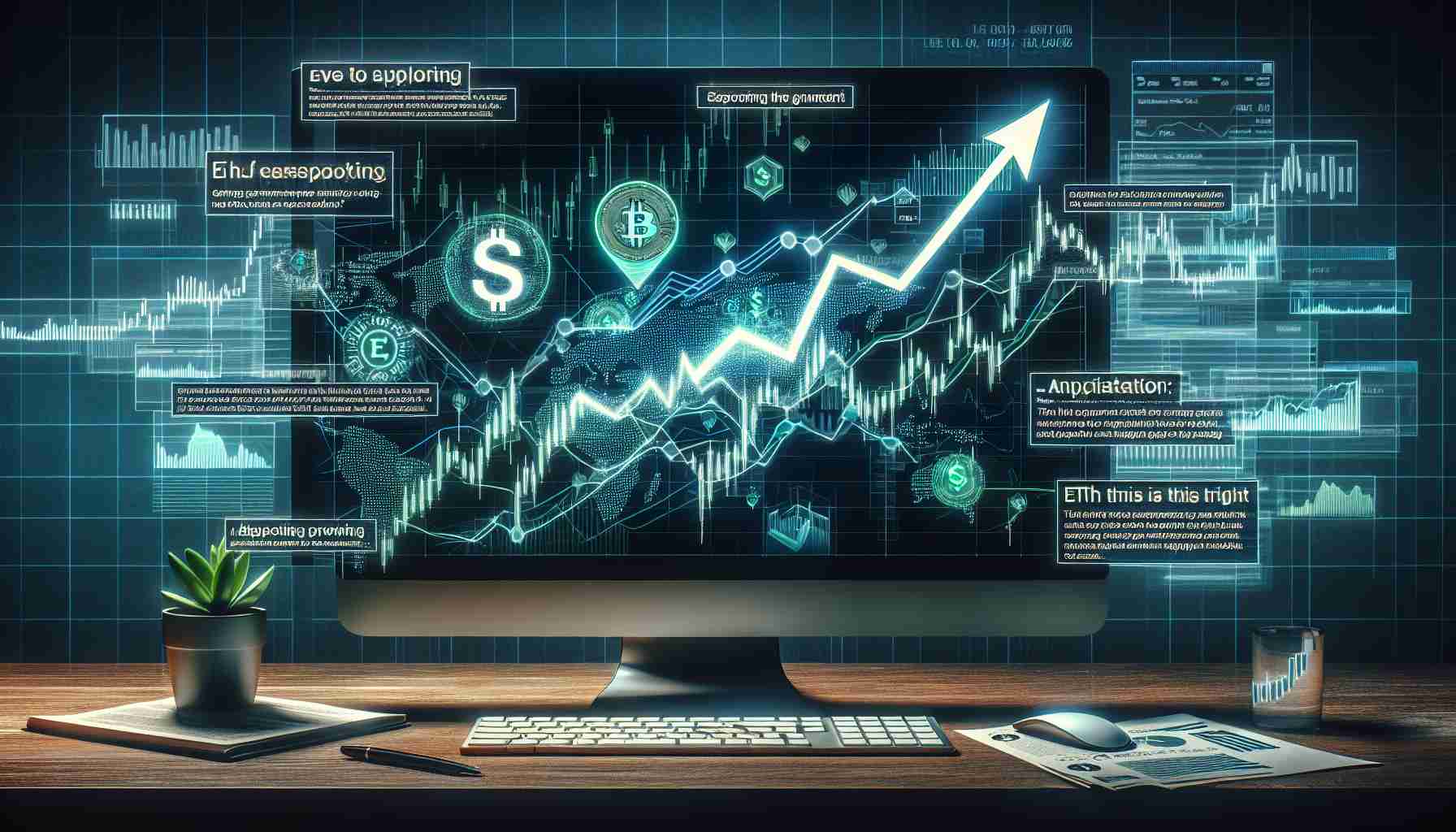 An HD image depicting the anticipation around a financial event. Symbolize it through a digital graph on a computer screen showing a cryptocurrency, coded 'S', experiencing a surge. Intertwined are snippets of news articles and blog posts supporting the growth narrative, scribed with anticipatory headlines referring to an upcoming ETF application.