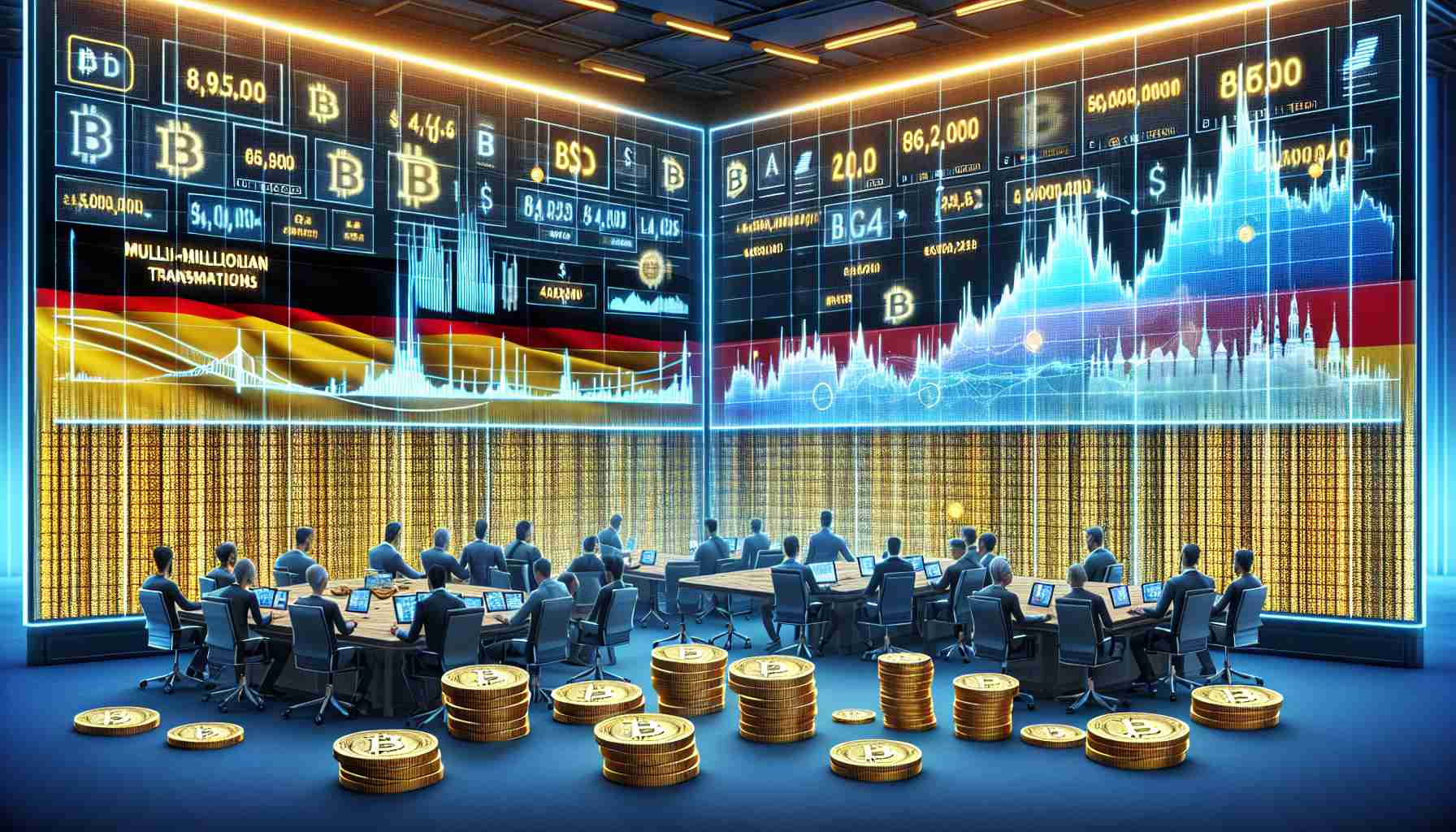 Illustrate a high-definition realistic image of digital screens showing graphs and data symbolizing accelerated Bitcoin transactions. The screens are in a room themed in connection with Germany, incorporating iconic elements like the national flag and recognizable landmarks. Several individuals of varying descents and genders are in the room, actively engaged in these transactions; there's a noticeable presence of heightened activity. Show stacks of physical representations of Bitcoins indicating multi-million dollar transactions. Please avoid literal depictions of disposal, rather illustrate rapid transactions or exchanges.