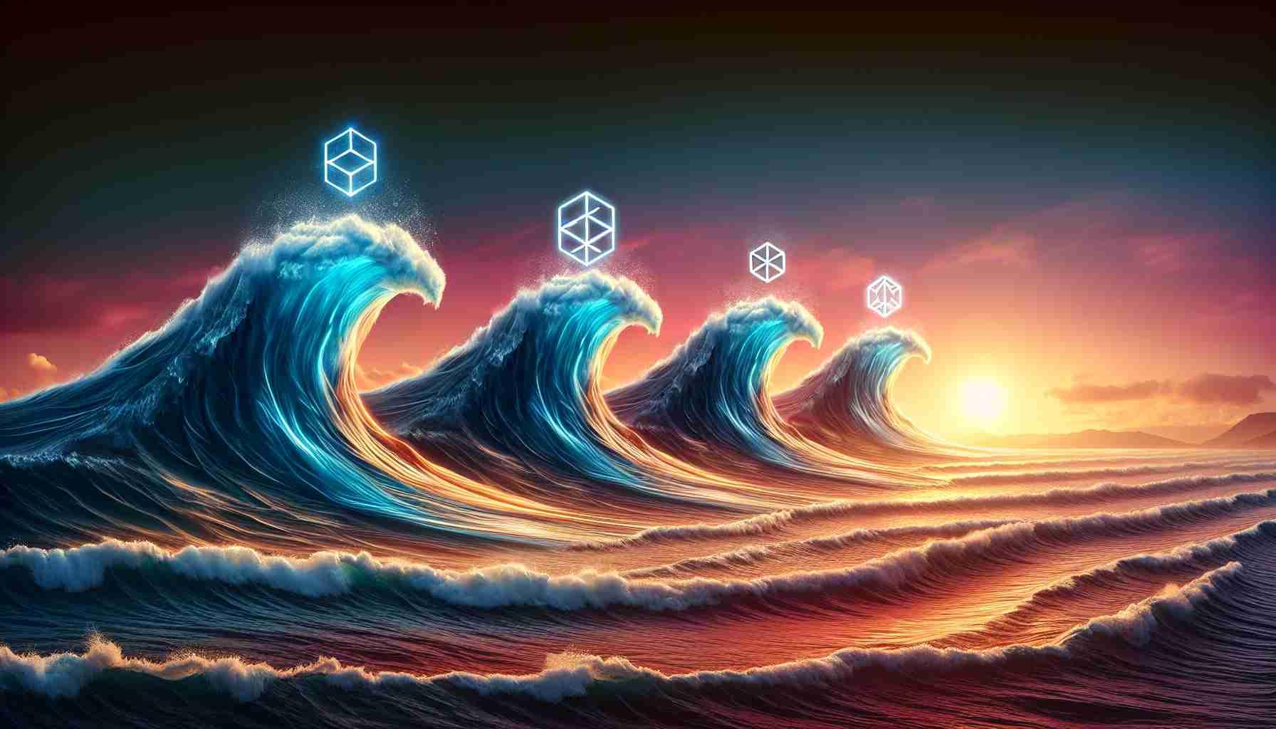 Create an image representing the concept of advancing towards an evolution in blockchain technology, with emphasis on LayerZero, zkSync, and Solana. Depict these three elements as distinct waves in the ocean moving towards the shore, representing the future of blockchain. Each wave should indicate strength and momentum, implying their impact on the blockchain ecosystem. Make sure the image is hyper-realistic and high definition.