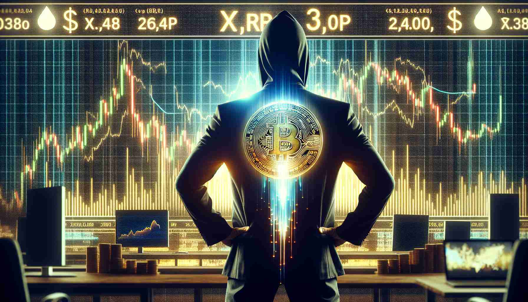 A highly detailed and realistic image representing a massive market transaction. Depict an anonymous individual, back turned to us, in front of a large, glowing screen that showcases a cryptocurrency market downturn. Their confident demeanor suggests control and dominance, as symbolized by an overlay of glowing charts and numbers that indicate a significant purchase of XRP cryptocurrency amidst the market adversity.